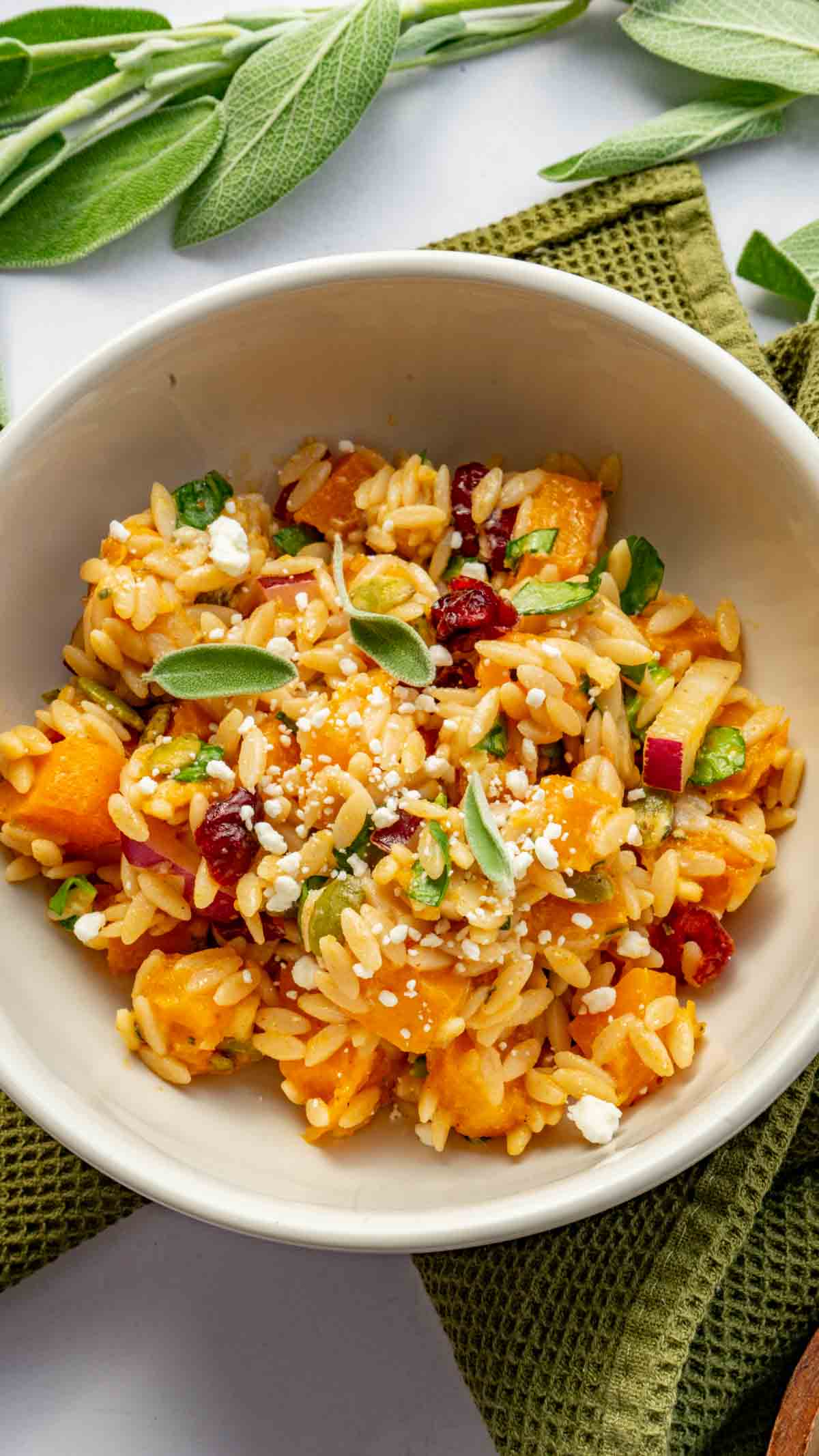 Butternut Squash Pasta Salad in a white bowl and garnished with fresh sage